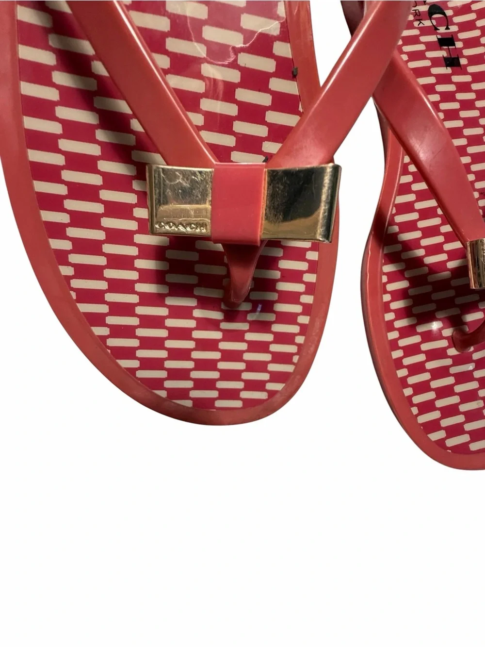 COACH Landon Jelly Flip Flops Coral with Gold Color Accent Bow Sz 8.5
